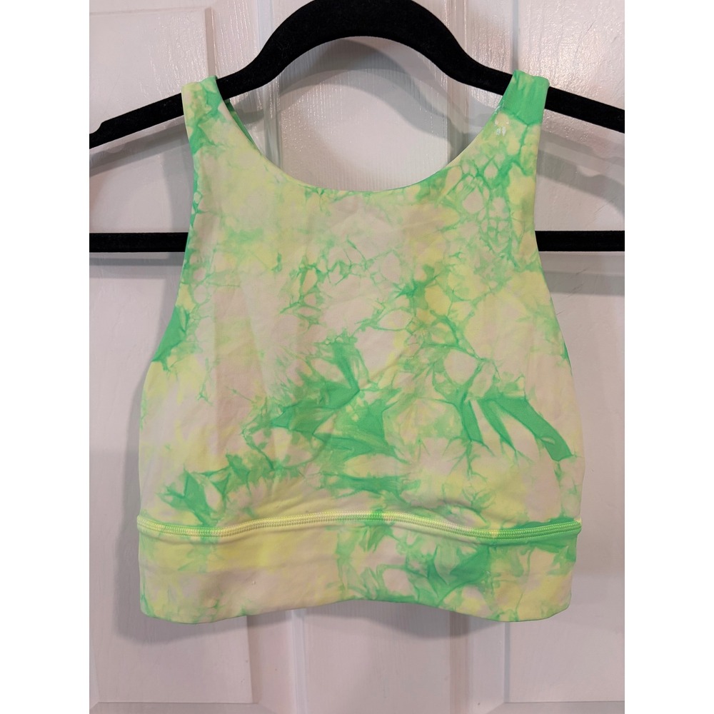Woman's Lululemon Size 6 Energy High Neck Neon Green Tie Dye Sports Bra GUC